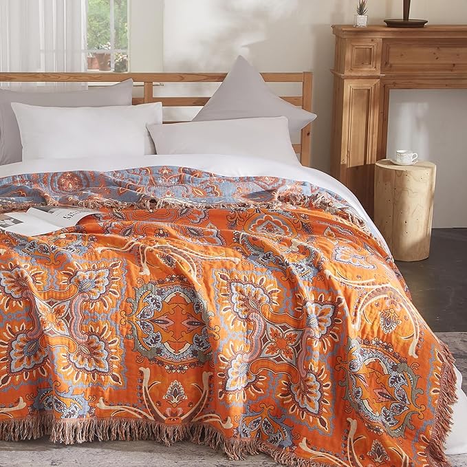 Boho Throw Blanket for Couch Sofa Bed, 100% Cotton Woven Quilt with Tassel 80”x90”, Super Soft Muslin Blanket with Floral Printed, Decorative Reversible Bed Blanket/Cover for All Seasons