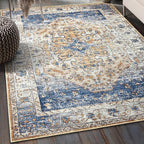 Amearea Vintage Design Area Rugs for Living Room, 4x6 Machine Washable Floral Collection Traditional Bedroom Rug, Low Pile Kids Room Print Carpet, No Slip Office Kitchen Home Decor, Blue and Orange