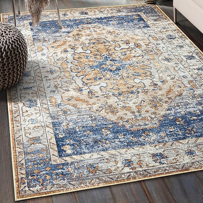 Amearea Vintage Design Area Rugs for Living Room, 4x6 Machine Washable Floral Collection Traditional Bedroom Rug, Low Pile Kids Room Print Carpet, No Slip Office Kitchen Home Decor, Blue and Orange