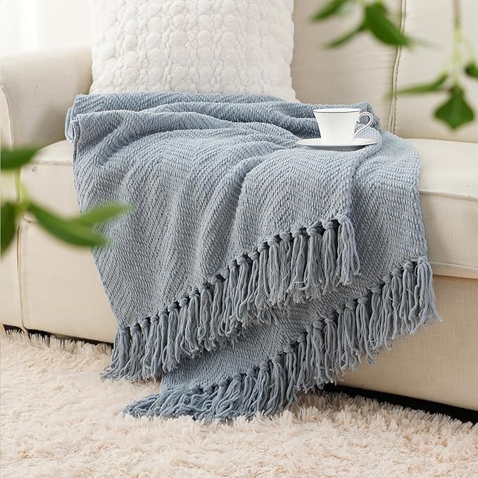 BATTILO HOME Blue Grey Throw Blanket for Couch, Chenille Knit Throw Blankets, Super Soft Dusty Blue Throw Blanket with Tassels for Bed,Sofa and Living Room,50" x 60"
