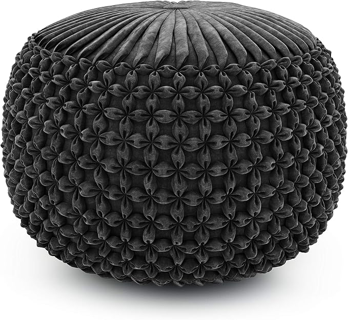 SIMPLIHOME Renee Round Pouf - 20 inch Wide Upholstered Velvet Ottoman in Slate Grey, Boho Footstool or Extra Seating for Living Room or Bedroom with Button-Tufted Pleated Design, Assembled