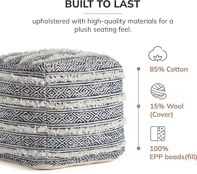Anji Mountain Pouf Ottoman Foot Rest, Handmade Ottoman Pouf, Comfortable Foot Stool, Decorative Floor Seating for Living Room Decor, Bedroom & Home Décor Accent - Carbon Fringe