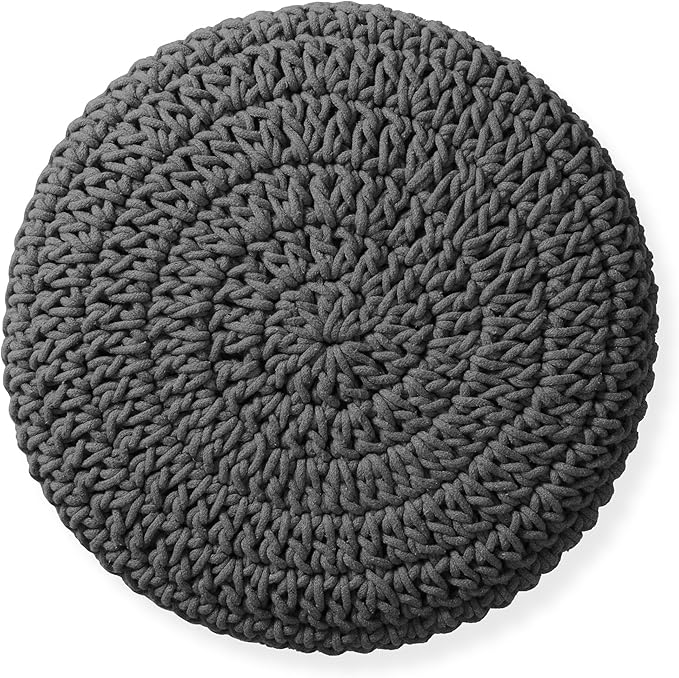 Casafield Pouf Ottoman Footstool, 13" Round x 11" High, Hand-Knitted Cotton Footrest, Non-Skid Wood Legs, Boho Foot Stool for Living Room, Bedroom (Gray)