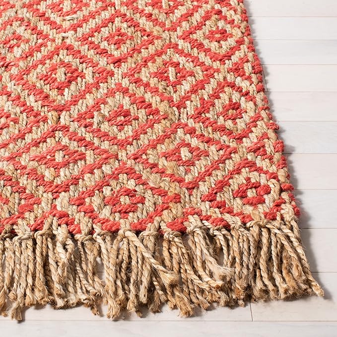 SAFAVIEH Natural Fiber Collection Runner Rug - 2'3" x 8', Fuchsia & Natural, Handmade Boho Diamond Tassel Jute, Ideal for High Traffic Areas in Living Room, Bedroom (NF266G)