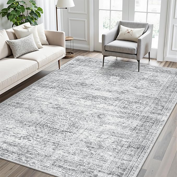 5x8 Area Rugs Grey Low Pile Indoor Washable Trendy Faded Style Rugs for Bedroom Living Room Dining Room Foldable Non-Slip Thin Print Home Office Mat