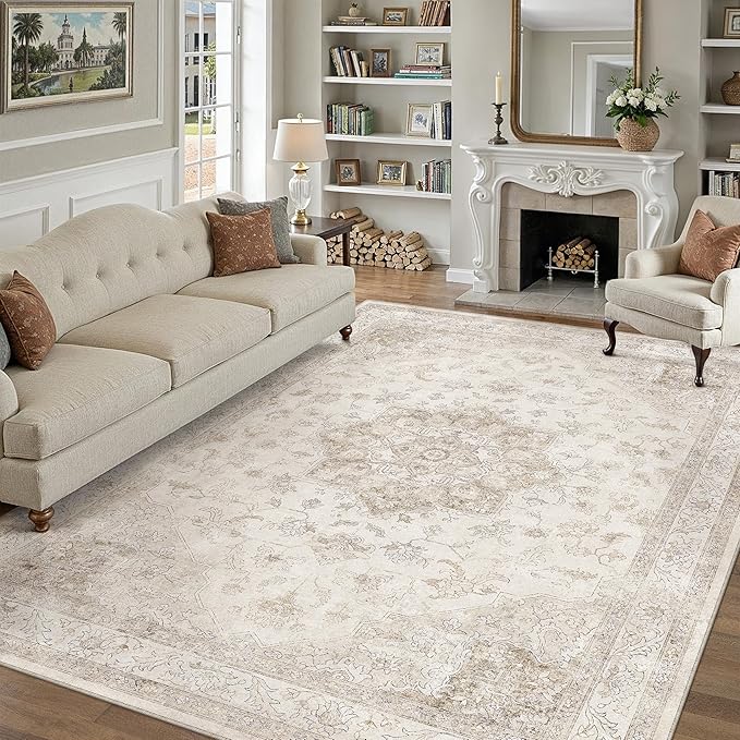 Beige Area Rug 9x12 Washable Vintage Carpet for Living Room Bedroom Large Soft Retro Low Pile Thin Indoor Rug Non Slip Oriental Medallion Floor Cover for Dining Room Office