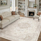 Beige Area Rug 7x9 Washable Living Room Carpet Vintage Non Slip Soft Bedroom Indoor Office Retro Low Pile Thin Oriental Medallion Large Rug for Dining Room Playroom