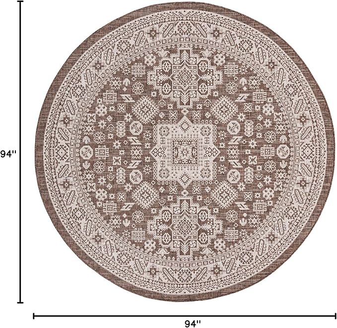 Rugs.com Outdoor Aztec Collection Rug – 8 Ft Round Brown Flatweave Rug Perfect for Kitchens, Dining Rooms