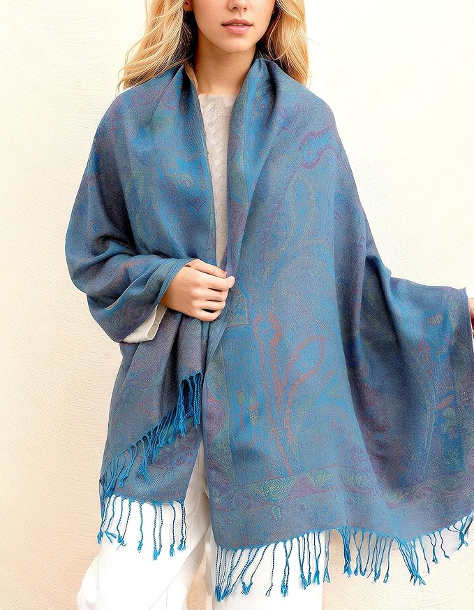 Achillea Reversible Paisley Pashmina Rave Scarf – Exotic Indian Shawls and Wraps for Evening Dresses, Festivals, All Seasons