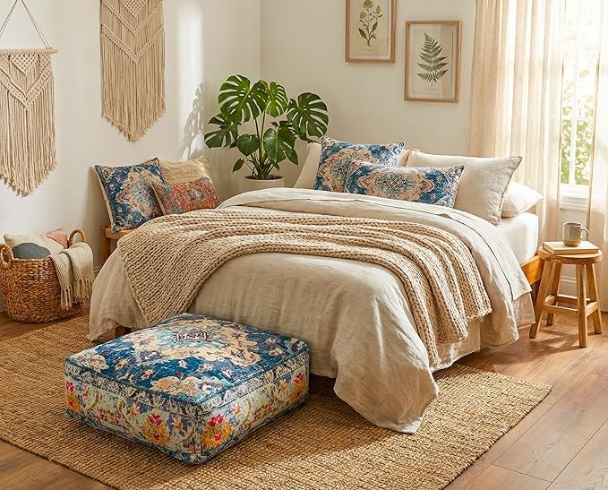 Blue Square Floor Pillow Cover Large Yoga Décor Cushion Moroccan Pouf Ottoman Boho Furniture Perfect for Living Room, Bedroom, Nursary or Children Room Seating Area Beanbag Footstool 24x8 Unstuffed