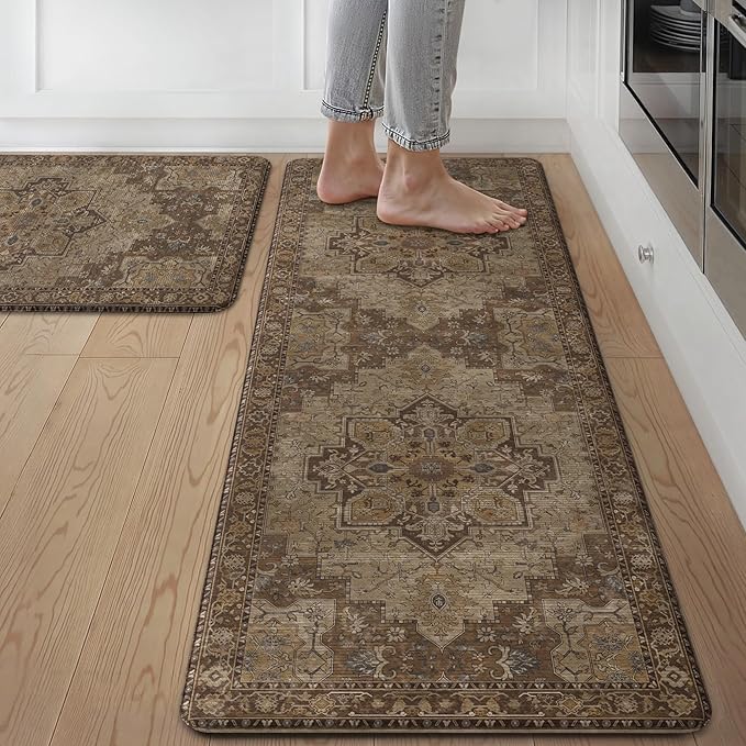GENIMO Kitchen Mats for Floor 2PCs, Washable Anti Fatigue Mat for Cushioned, 17.3"x47"+17.3"x30", Waterproof Kitchen Rugs, Non Slip Comfort Standing Mat Rug for Home, Sink, Laundry, Rustic Brown