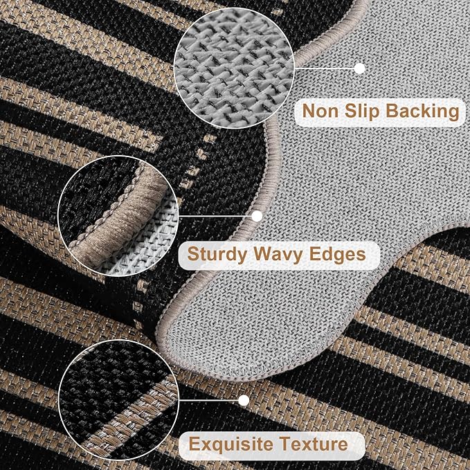Striped Easy Jute Runner Rug, 2x6 Kitchen Rug Non Slip Washable Outdoor Runner for Entryway Indoor, Farmhouse Black Indoor Outdoor Carpet for Hallway Porch Laundry
