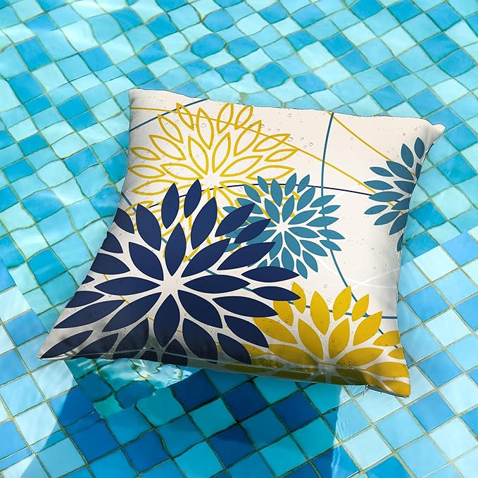 DFXSZ Blue Yellow Flower Pillow Covers 16x16 Inch Set of 2 Outdoor Throw Pillows Outdoor Waterproof Decor for Living Room Sofa Patio Funiture Garden Floral Polyester Pillow Covers 01P16