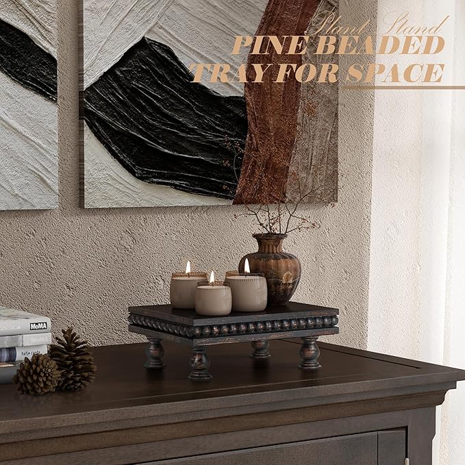 EOSAHR Pine Wood Display Riser – Boho Pedestal Stand for Home Decor, Showcasing Apartment Essentials, Perfume Tray or Coffee Table Accents – Modern Farmhouse Decor(Old Black)