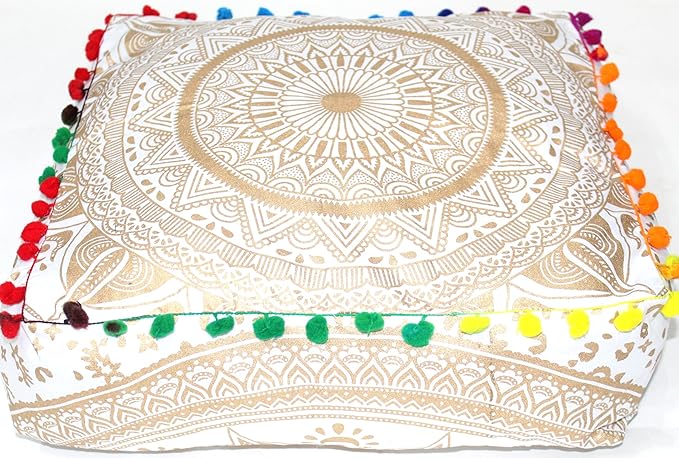 CRAFT KALA Gold Large Hippie Mandala Meditation Floor Ottoman Pillow Cushion Pouf Cover Square Poufs Bohemian Circle Floor Cushion Case Outdoor Fireplace Yoga Living Room Decor Cover 24" Square