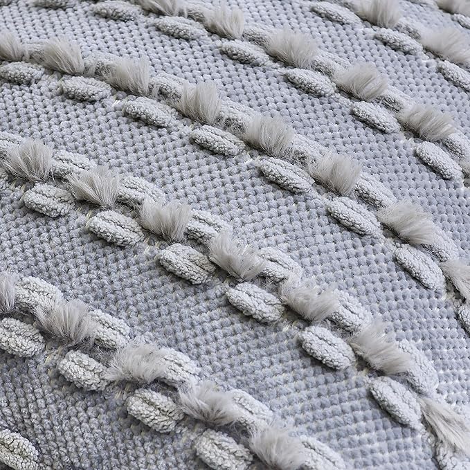 18x18 Boho Pillow Cover - Chenille Tufted Decorative Throw Pillow Cover Soft Velvet Backing, Farmhouse Striped Square Accent Pillow Case for Sofa, Couch, Bedroom, Living Room, Light Grey