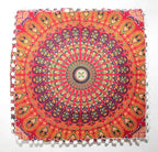 CRAFT KALA Red Peacock Large Hippie Mandala Meditation Floor Ottoman Pillow Cushion Pouf Cover Square Poufs Bohemian Circle Floor Cushion Case Outdoor Fireplace Yoga Living Room Decor Cover 16" Square