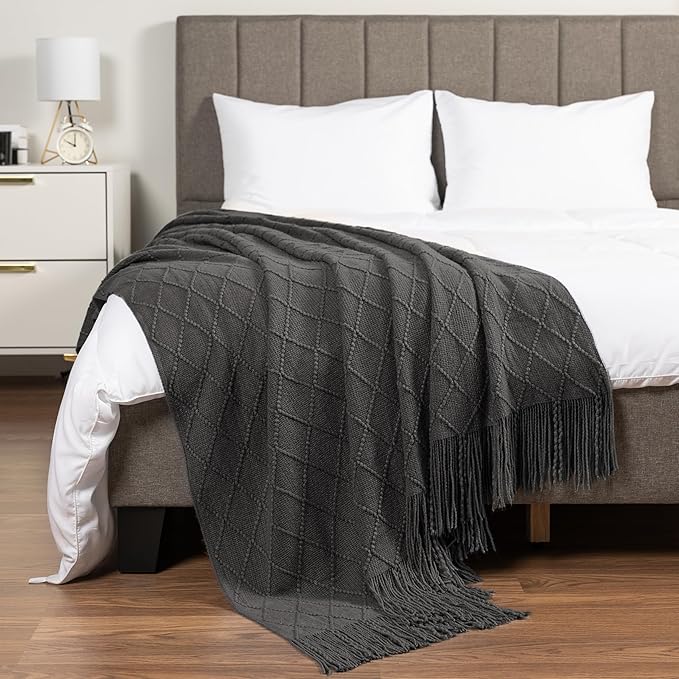 PAVILIA Dark Gray Knit Throw Blanket for Couch Bed, Soft Knitted Farmhouse Sofa Throw for Living Room, Lightweight Decorative Summer Throw Blanket for Chair, Outdoor Textured Boho Blanket, 50x60