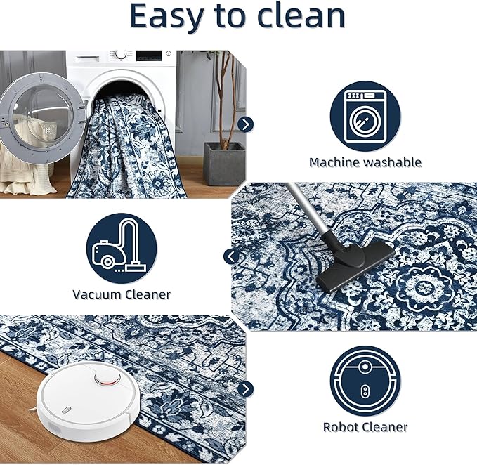 YJ.GWL Area Rugs for Living Room 6x9 Machine Washable Rugs, Non Slip Floral Vintage Rug Indoor Carpet, Stain Resistant Large Rug for Bedroom Dining Room, Navy Blue