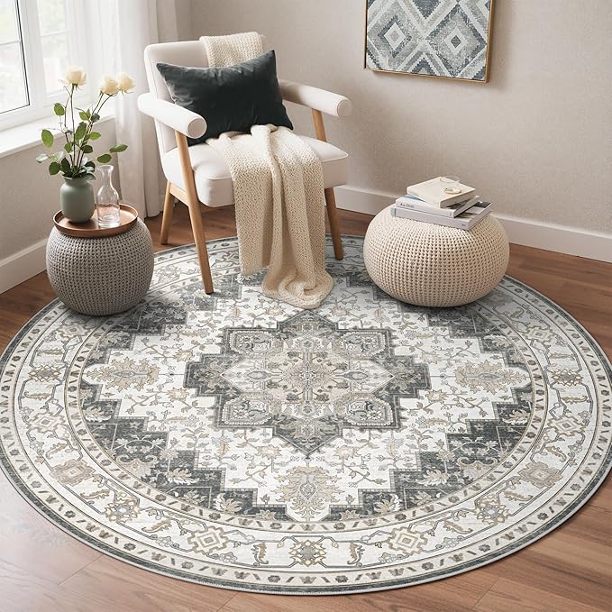 GENIMO 6FT Round Area Rugs for Living Room, Circle Rugs Machine Washable Low Pile, Chenille Non Slip Vintage Rug for Bedroom, Dining Room, Home Office, Heathered Grey