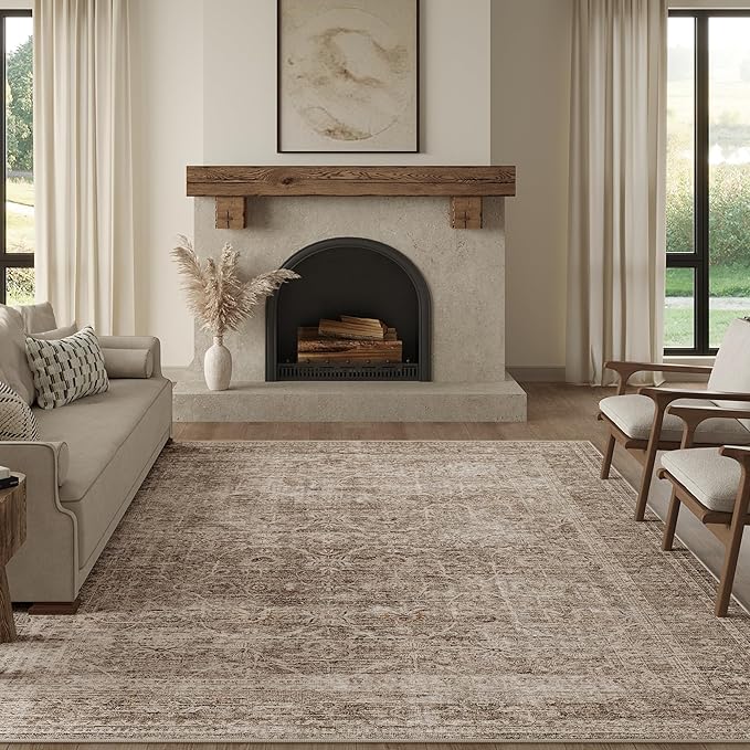 FMFUNCTEX 10x12 Washable Area Rug Taupe Vintage Neutral Distressed Large Non Slip Carpet for Living Room Bedroom Soft Low Pile Indoor Mat Retro Floral Throw Rug for Dining Room Kitchen Office Nursery