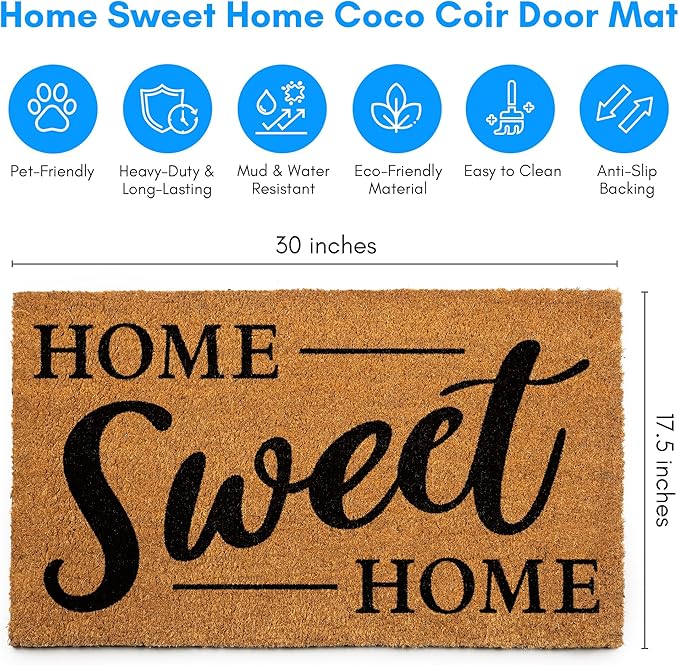 PLUS Haven 17.5x30 Home Sweet Home Door Mat with Heavy-Duty Backing - Coco Coir Doormat for Outdoor or Indoor Uses - Non-Slip Welcome Mats for Entryway or Porch - Easy to Clean - Natural Brown