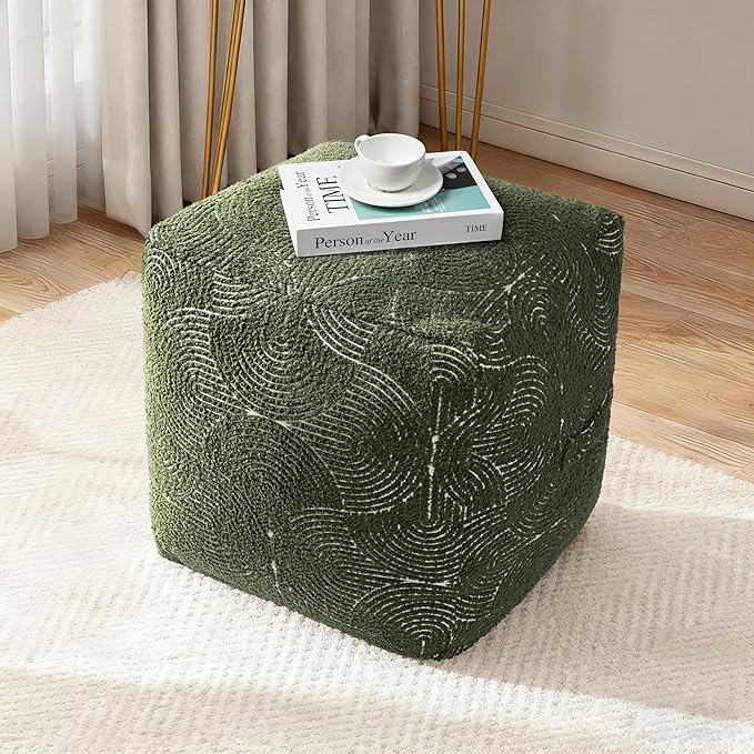 AELS Unstuffed Boho Textured Pouf Cover, Organic Modern Mid Century Rainbow Tufted Storage Bean Bag Cubes, Farmhouse Square Ottoman Pouf Foot Rest Footstool, 18"x18"x18", Cover ONLY, Olive Green