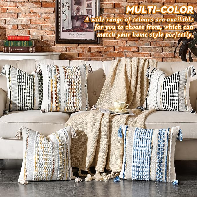 AmHoo Chenille Striped Textured Boho Throw Pillow Covers Aesthetic with Tassels Woven Decorative Pillow Case for Couch Bed Sofa Bedroom Modern Funky 18 x 18-Inch Grey