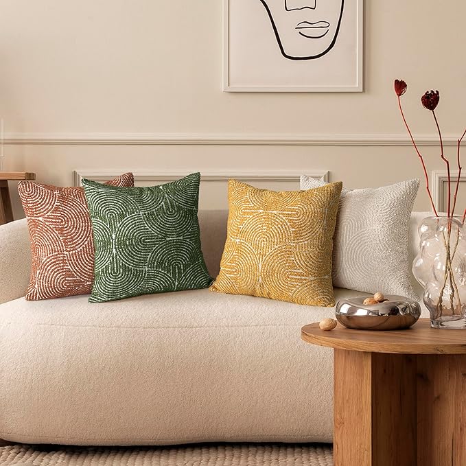 AELS Boho Decorative Textured Throw Pillow Covers 16x16, Modern Mid Century Rainbow Tufted Pillow Case, Farmhouse Rustic Geometric Woven Cushion Case for Bed Couch Sofa, Olive Green