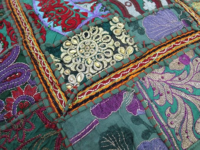 Mam Treasures Indian Bohemian Decorative Pillow Vintage Cushion Cover Patchwork Square Floor Pillow Cover Meditation Cushion Large Floor Pillow Indian Cushion (Dark Green, 18 X 18 X 5 Inch)