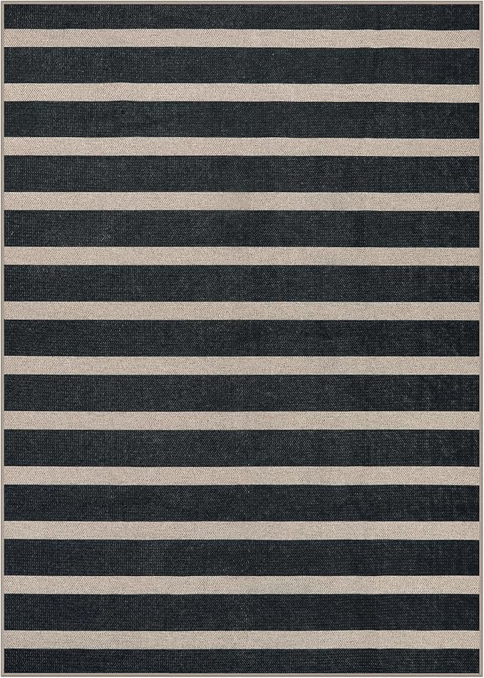 Lahome Elance Striped Easy Jute 5x7 Outdoor Rug, Washable Rugs for Patio Living Room, Farmhouse Neutral Non Slip Non Shedding Black Carpet for Deck Entryway Dining Room Office Porch