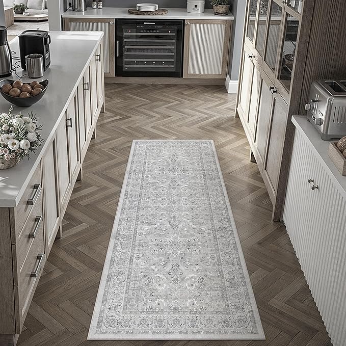 Gray 2x6 Runner Rug Hallway Washable Vintage Carpet Kitchen Long Small Indoor Non Slip Soft Low Pile Thin Stain Resistant Distressed Accent Throw Rug for Bedroom Laundry Office Living Room