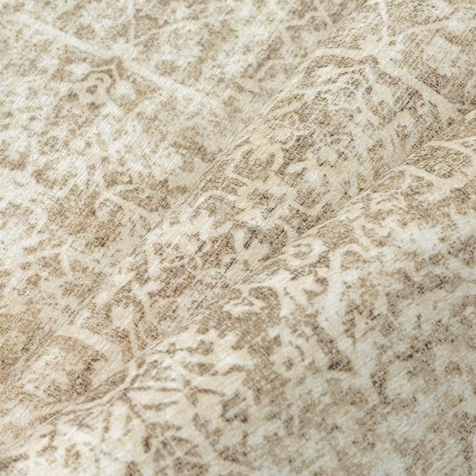 HUGEAR Area Rug 5x7 Retro Beige/Brown Machine Washable Living Room Rugs Distressed Vintage Floral Vacuumable Low Pile Carpet Bedroom Office Dining Room Laundry Room Non Slip Soft Lightweight