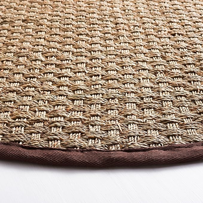 SAFAVIEH Area Rug 8' Round - Natural Fiber Collection - Natural & Dark Brown, Seagrass, Basketweave Pattern with Border (NF114K)