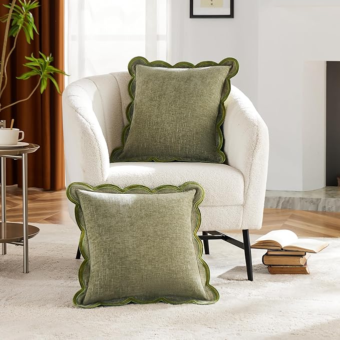 Sage Green Scalloped Pillow Cover Pack of 2 Spring Chenille Decorative Throw Pillow Covers 18x18 Cute Boho Couch Pillow Covers Aesthetic Funky Preppy Pillow Cases for Sofa Living Room
