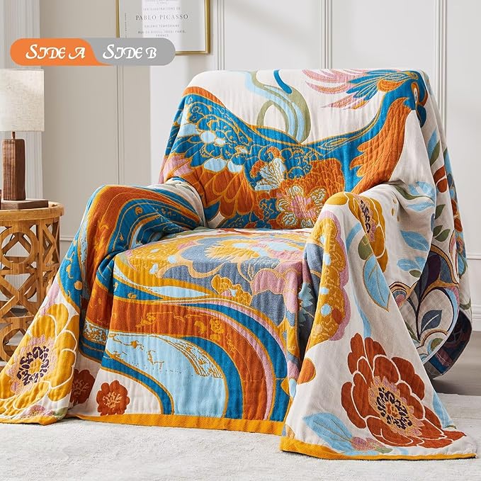 Boho Blanket Soft Muslin BohoThrow Blanket, 100% Cotton Floral Printed Farmhouse Decor All Season Reversible Rustic Throw for Sofa Couch Chair(90"x98")