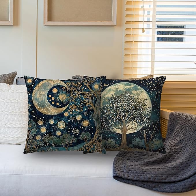Vintage Dark William Morris Night Moon Forest Decor Pillow Covers 18x18 Set of 2,Black Forest Decor,Dark Dcademia Floral Decorative Throw Pillow Covers for Home Bedroom Living Room