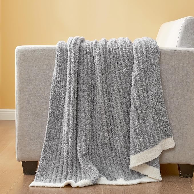 Snuggle Sac Fluffy Ribbed Grey Blanket Twin Size, Soft Luxurious Knit Fuzzy Microfiber Blankets for Couch, Sofa, Bed, Grey, 60x80 inches