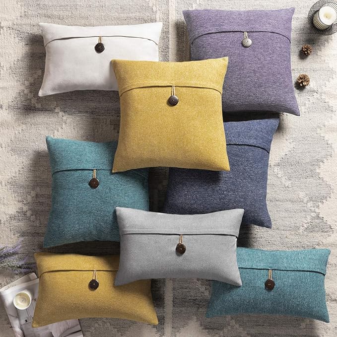 Phantoscope Pack of 2 Farmhouse Throw Pillow Covers Button Vintage Linen Solid Decorative Pillow Cover for Couch Bed and Chair Dark Yellow 18 x 18 inches 45 x 45 cm