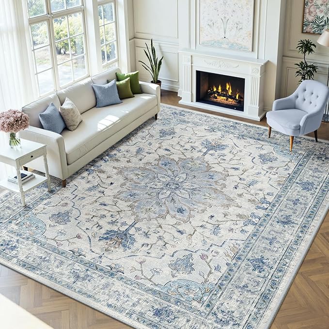 Area Rugs 9'x12' Washable Non-Slip, Floral Vintage Distress Print Pattern Medallion Carpet for Living Room Bedroom Dining Room, Light Blue Navy Beige Gray White