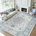 Area Rugs 9'x12' Washable Non-Slip, Floral Vintage Distress Print Pattern Medallion Carpet for Living Room Bedroom Dining Room, Light Blue Navy Beige Gray White