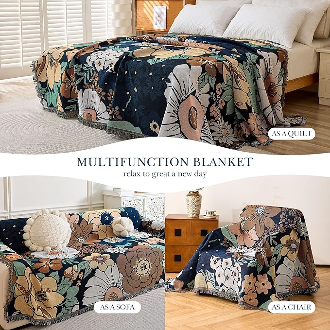 Boho Throw Blanket, 100% Handwoven Cotton Southwestern Farmhouse Floral Decor Reversible Blanket, All Season Throw for Sofa Bed Tapestry Outdoor Camping Picnic. 71″×134″
