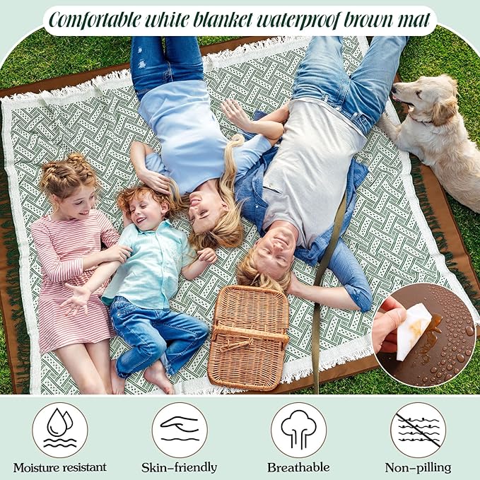 VitalCozy Waterproof Picnic Blankets 71×71 inch Outdoor Blanket Foldable 2 in 1 Double Layer Sandproof Beach Mat with Carry Strap for Camping Lawn Park Beach Grass(Green)