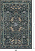 Vintage 4x6 Washable Entryway Rug, Blue & Green Floral Bird Woodland Rug, Non-Slip Low Pile Stain Resistant Carpet for Kitchen, Bedroom, Small Living Room