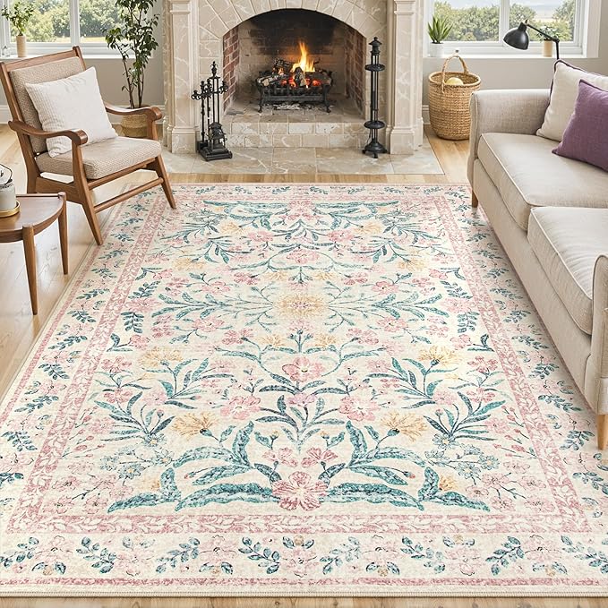 Lahome Sylvie Large Rugs for Living Room, Boho Machine Washable 8x10 Area Rugs Girls Bedroom Decor, Ultra-Thin Soft Distressed Floral Carpets Non Slip for Office Dining Room, Pink/Multi