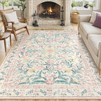 Lahome Sylvie Large Rugs for Living Room, Boho Machine Washable 8x10 Area Rugs Girls Bedroom Decor, Ultra-Thin Soft Distressed Floral Carpets Non Slip for Office Dining Room, Pink/Multi