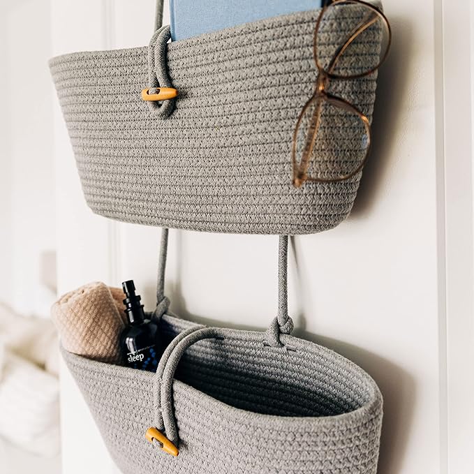 OrganiHaus Grey Wall Hanging Storage Basket | Behind Door Storage | Wall Storage Baskets Over Door | 3 Tier Hanging Basket | Woven Baskets Bathroom Organizer | Wall Hanging Baskets for Organizing