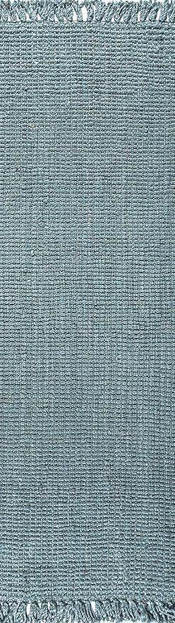 JONATHAN Y Handwoven Jute Fringe Light Blue/Gray Runner Rug, 2x8, Pata, Bohemian, Rustic, Cottage, Easy-Cleaning for Living Room, Bedroom, Kitchen, Non-Shedding (NRF103B-2)