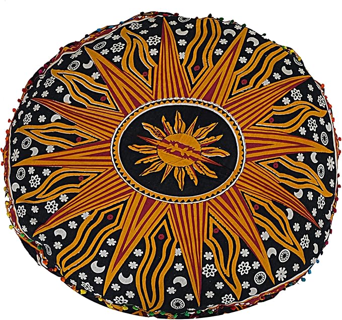 35 X 35 Inch Large Mandala Floor Pillow Cushion Seating Throw Cover Hippie Decorative Bohemian Ottoman Poufs, Multi Pom Pom Pillow Cases,Boho (Yellow Burning Sun, 35X35X6 Round)