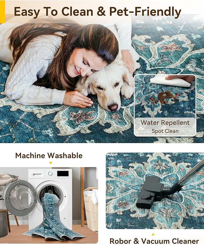 Area Rugs 2'x8' Runner Rug Non Slip Washable for Kitchen Hallway Bedroom Beside Laundry Room Bathroom Rug, Floor Carpet, Teal Green Lake Blue Turquoise